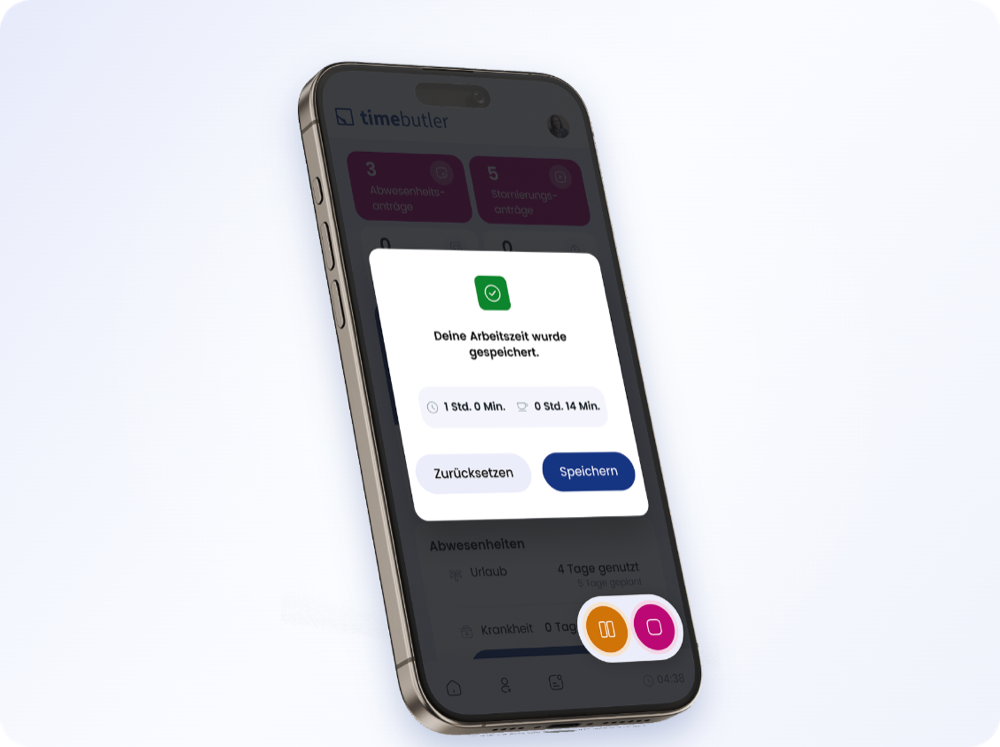Arbeitszeit in der Timebutler App per Stempeluhr erfassen und speichern