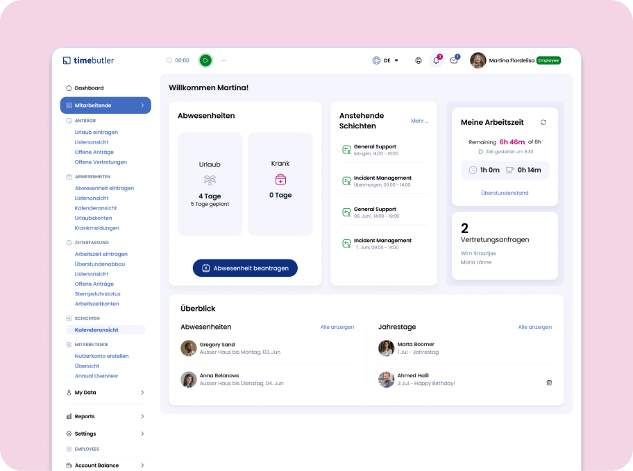 Timebutler Dashboard mit Abwesenheiten, Schichten, Arbeitszeit und weiteren Funktionen an einem Ort