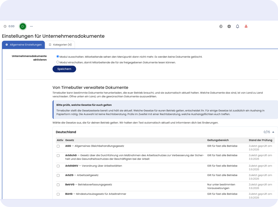 Einstellungen für Unternehmensdokumente in Timebutler: aushangpflichtige Gesetze für Deutschland automatisch aktuell halten