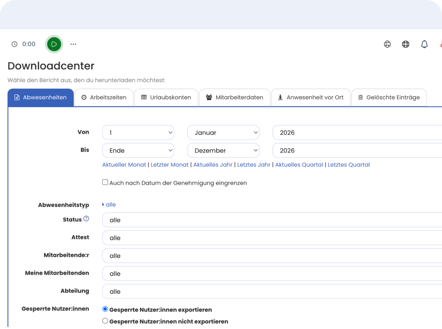 Downloadcenter in Timebutler mit Filter nach Abwesenheitstyp und Datumsbereich