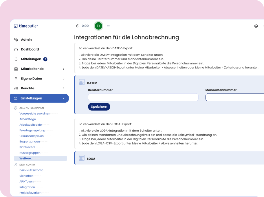 DATEV-Export-Einstellungen in Timebutler mit Beraternummer und Mandantennummer